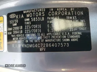 2011 Kia Sedona LX with VIN KNDMG4C72B6407573, listed as a Copart auction lot 76557444 with 192,229 mi miles and Clean Title. Bid and sale history available at carsss.com. Image 13.