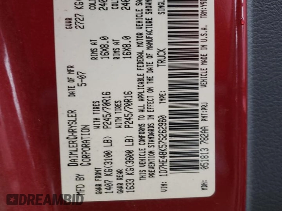 2007 Dodge Dakota SLT with VIN 1D7HE48K57S262960, listed as a Copart auction lot 79107713 with 187,678 mi miles and Non Repairable. Bid and sale history available at DreamBid. Image 12.