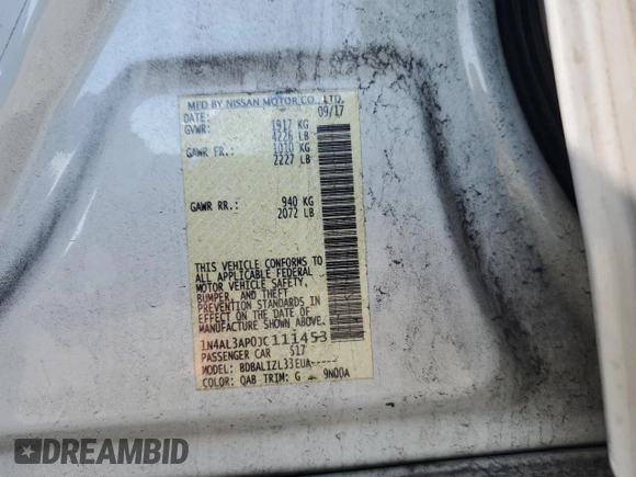 2018 Nissan Altima SV with VIN 1N4AL3AP0JC111453, listed as a Copart auction lot 54660045 with 121,580 mi miles and Salvage Title. Bid and sale history available at DreamBid. Image 12.