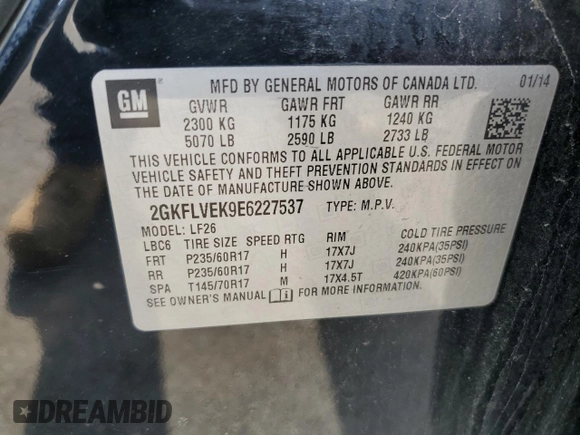 2014 GMC Terrain SLE z VIN 2GKFLVEK9E6227537, wystawiony jako Copart lot #56708515 z przebiegiem 88 536 mil mil oraz Szkoda całkowita • Salvage title. Historia ofert i sprzedaży dostępna na DreamBid. Obrazek 13.