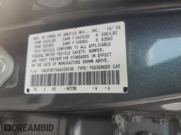 2010 Honda Accord EX z VIN 1HGCP2F73AA035038, wystawiony jako Copart lot #57418345 z przebiegiem 110 554 mil mil oraz Szkoda całkowita • Salvage title. Historia ofert i sprzedaży dostępna na DreamBid. Obrazek 12.
