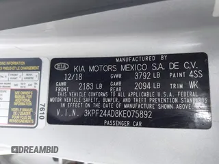 2019 Kia Forte LXS with VIN 3KPF24AD8KE075892, listed as a IAAI auction lot 41479410 with 106,609 mi miles. Bid and sale history available at carsss.com. Image 9.