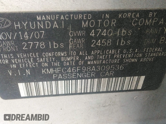 2008 Hyundai Azera Limited с VIN KMHFC46F98A309536, выставлен на аукционе IAAI как лот 42280702 с пробегом 223 037 миль миль и . История ставок и продаж доступна на DreamBid. Изображение 9.