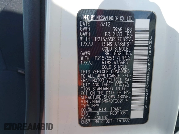 2013 Nissan Juke SV with VIN JN8AF5MR4DT202115, listed as a IAAI auction lot 42437467 with 145,420 mi miles and . Bid and sale history available at DreamBid. Image 9.