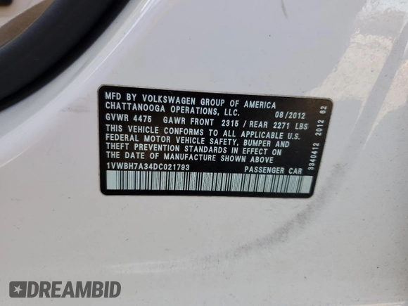 2013 Volkswagen Passat SE with VIN 1VWBH7A34DC021793, listed as a Copart auction lot 43985805 with 183,463 mi miles and Salvage Title. Bid and sale history available at carsss.com. Image 15.