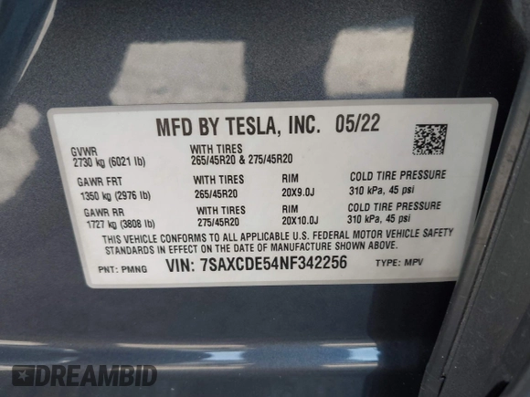 2022 Tesla Model X with VIN 7SAXCDE54NF342256, listed as a IAAI auction lot 41991212 with 28,740 mi miles and . Bid and sale history available at DreamBid. Image 9.