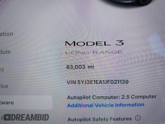 2018 Tesla Model 3 Long Range Battery with VIN 5YJ3E1EA1JF021139, listed as a IAAI auction lot 42116626 with 83,003 mi miles and . Bid and sale history available at DreamBid. Image 7.