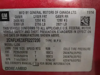 2015 Chevrolet Equinox LTZ with VIN 2GNFLHE3XF6227206, listed as a IAAI auction lot 41536995 with 139,000 mi miles. Bid and sale history available at carsss.com. Image 9.