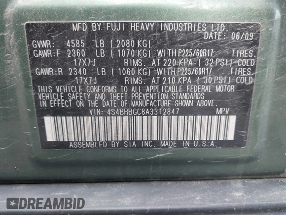 2010 Subaru Outback Premium All-Weather Anniversary with VIN 4S4BRBGC8A3312847, listed as a IAAI auction lot 42446820 with 196,924 mi miles and . Bid and sale history available at DreamBid. Image 9.
