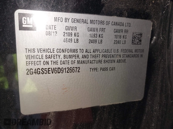 2013 Buick Regal Turbo Premium 1 with VIN 2G4GS5EV6D9126672, listed as a IAAI auction lot 42008984 with 154,042 mi miles. Bid and sale history available at carsss.com. Image 9.