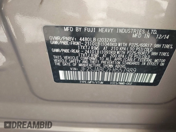 2015 Subaru Forester 2.5i with VIN JF2SJABC2FH557989, listed as a IAAI auction lot 42731804 with 175,663 mi miles and . Bid and sale history available at DreamBid. Image 9.