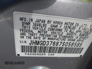 2007 Honda Fit Sport with VIN JHMGD37687S056585, listed as a IAAI auction lot 41969973 with 138,387 mi miles. Bid and sale history available at carsss.com. Image 9.