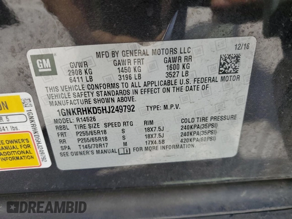 2017 Chevrolet Traverse LT with VIN 1GNKRHKD5HJ249792, listed as a Copart auction lot 50385675 with 110,525 mi miles and Salvage Title. Bid and sale history available at DreamBid. Image 15.