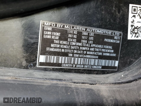 2022 McLaren 720S z VIN SBM14FCA4NW006444, wystawiony jako Copart lot #45854525 z przebiegiem Nie podano mil oraz Szkody całkowita. Historia ofert i sprzedaży dostępna na DreamBid. Obrazek 12.