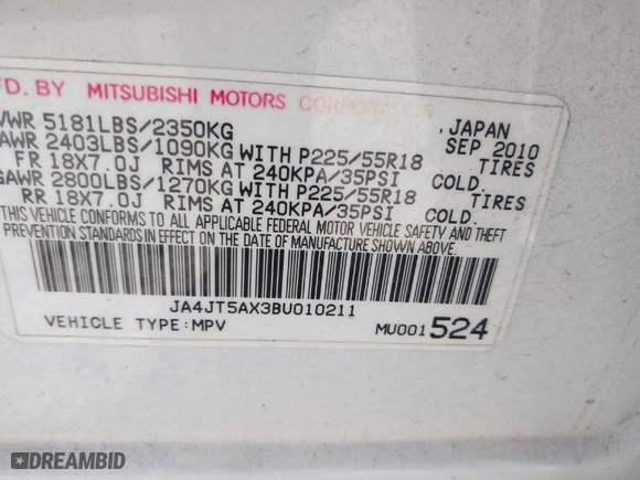 2011 Mitsubishi Outlander GT with VIN JA4JT5AX3BU010211, listed as a IAAI auction lot 41494767 with 326,794 mi miles. Bid and sale history available at carsss.com. Image 9.