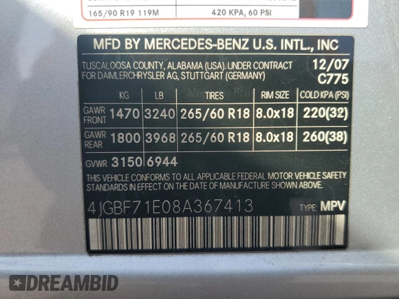 2008 Mercedes-Benz GL-Class 4.6L with VIN 4JGBF71E08A367413, listed as a Copart auction lot 76382704 with 149,022 mi miles and Salvage Title. Bid and sale history available at carsss.com. Image 15.