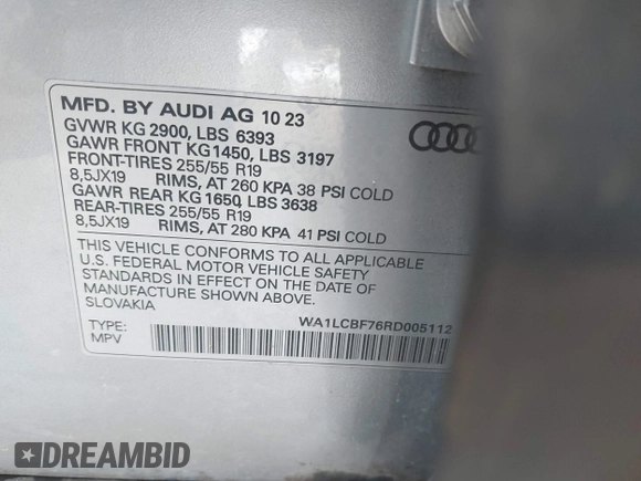2024 Audi Q7 Premium Plus with VIN WA1LCBF76RD005112, listed as a IAAI auction lot 42692142 with 41,455 mi miles and . Bid and sale history available at DreamBid. Image 9.