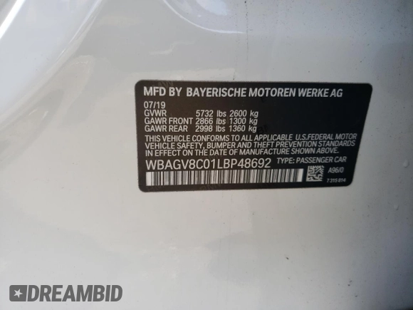2020 BMW 8 Series M850i with VIN WBAGV8C01LBP48692, listed as a Copart auction lot 52019305 with Not provided miles and Salvage title. Bid and sale history available at DreamBid. Image 14.