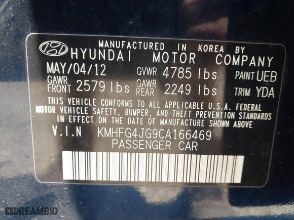 2012 Hyundai Azera with VIN KMHFG4JG9CA166469, listed as a IAAI auction lot 42054553 with 117,244 mi miles. Bid and sale history available at carsss.com. Image 9.