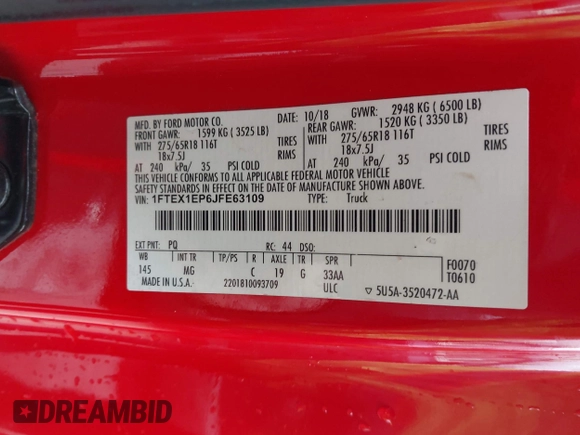2018 Ford F-150 XL with VIN 1FTEX1EP6JFE63109, listed as a IAAI auction lot 42293426 with 55,516 mi miles and . Bid and sale history available at DreamBid. Image 9.