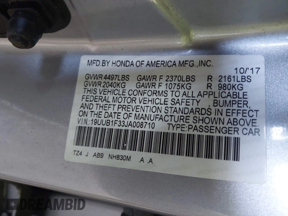 2018 Acura TLX with VIN 19UUB1F33JA008710, listed as a IAAI auction lot 41772704 with 111,533 mi miles and . Bid and sale history available at DreamBid. Image 9.