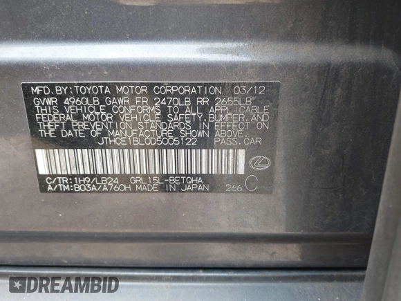 2013 Lexus GS 350 z VIN JTHCE1BL0D5005122, wystawiony jako IAAI lot #42052961 z przebiegiem 162 651 mil mil oraz . Historia ofert i sprzedaży dostępna na DreamBid. Obrazek 9.