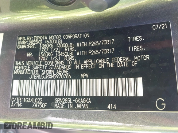 2021 Toyota 4Runner TRD Off Road Premium with VIN JTERU5JRXM5970786, listed as a IAAI auction lot 42249655 with 49,873 mi miles and . Bid and sale history available at DreamBid. Image 9.