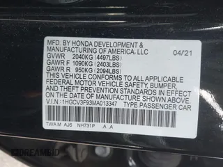 2021 Honda Accord Touring with VIN 1HGCV3F93MA013347, listed as a IAAI auction lot 40969718 with 89,176 mi miles and . Bid and sale history available at DreamBid. Image 9.
