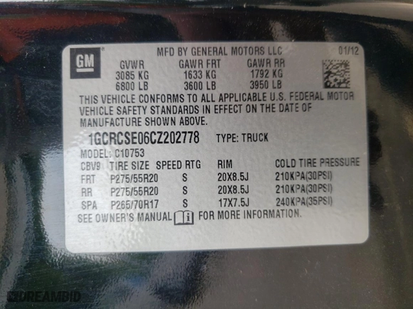 2012 Chevrolet Silverado 1500 LT with VIN 1GCRCSE06CZ202778, listed as a Copart auction lot 53242765 with 202,285 mi miles and Clean Title. Bid and sale history available at carsss.com. Image 12.