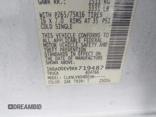 2019 Nissan Frontier SV with VIN 1N6AD0EV9KN719487, listed as a IAAI auction lot 42034967 with 56,158 mi miles and . Bid and sale history available at DreamBid. Image 9.