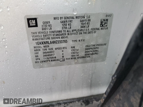 2017 GMC Acadia SLE with VIN 1GKKNRLA4HZ233765, listed as a Copart auction lot 56542895 with 185,323 mi miles and Salvage title. Bid and sale history available at DreamBid. Image 14.