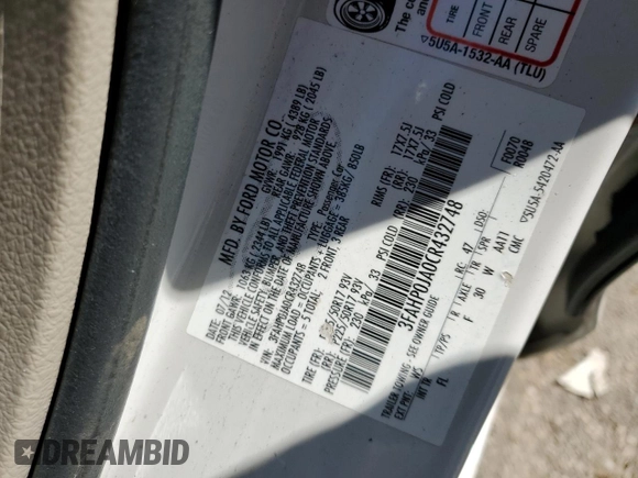 2012 Ford Fusion SEL with VIN 3FAHP0JA0CR432748, listed as a Copart auction lot 52360485 with 168,542 mi miles and Salvage Title. Bid and sale history available at DreamBid. Image 12.