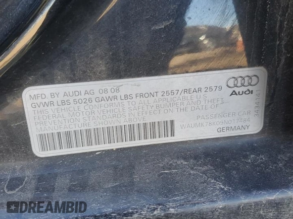 2009 Audi A4 3.2L Prestige with VIN WAUMK78K09N017484, listed as a Copart auction lot 83479634 with 72,719 mi miles and Clean Title. Bid and sale history available at carsss.com. Image 12.