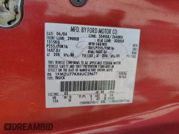 2004 Ford Explorer Sport Trac XLS z VIN 1FMZU77KX4UC29677, wystawiony jako Copart lot #53709085 z przebiegiem 159 530 mil mil oraz Szkoda całkowita • Salvage title. Historia ofert i sprzedaży dostępna na DreamBid. Obrazek 14.