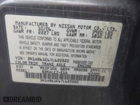 2007 Nissan Sentra 2.0 with VIN 3N1AB61E67L622520, listed as a IAAI auction lot 41533201 with 202,282 mi miles and . Bid and sale history available at DreamBid. Image 9.