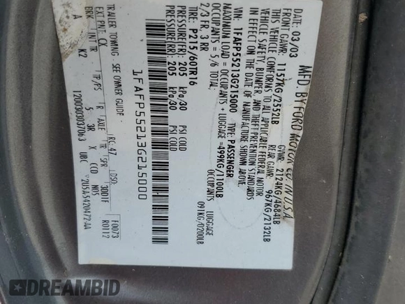 2003 Ford Taurus SES Standard with VIN 1FAFP55213G215000, listed as a Copart auction lot 59596615 with 170,929 mi miles and Non repairable. Bid and sale history available at DreamBid. Image 12.