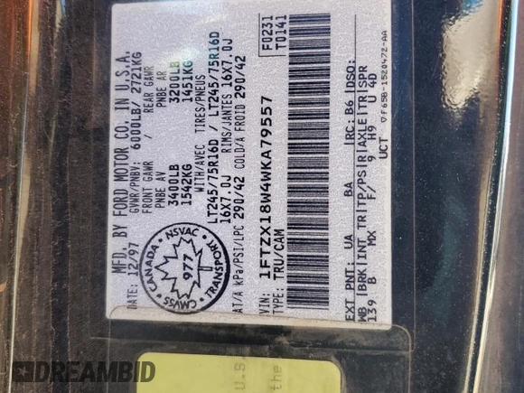 1998 Ford F-150 с VIN 1FTZX18W4WKA79557, выставлен на аукционе Copart как лот 48406375 с пробегом 192 577 миль миль и Списание • Salvage title. История ставок и продаж доступна на DreamBid. Изображение 14.