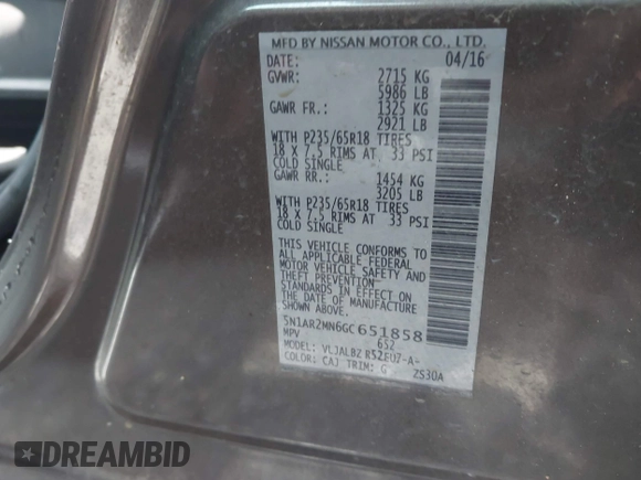 2016 Nissan Pathfinder SV with VIN 5N1AR2MN6GC651858, listed as a IAAI auction lot 41920897 with 247,344 mi miles. Bid and sale history available at carsss.com. Image 9.