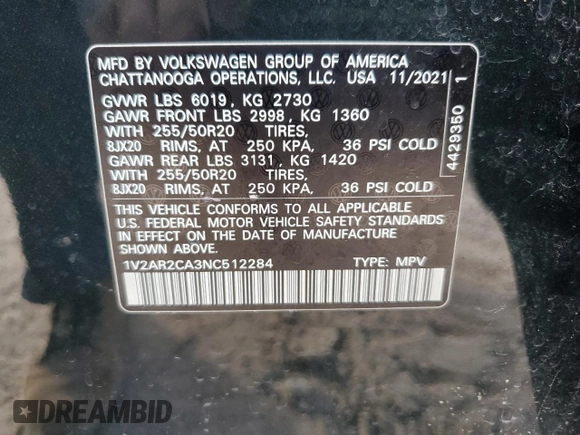 2022 Volkswagen Atlas 3.6L V6 SEL R-Line with VIN 1V2AR2CA3NC512284, listed as a Copart auction lot 86606084 with 69,638 mi miles and Salvage Title. Bid and sale history available at carsss.com. Image 14.