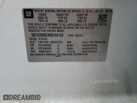 2017 GMC Sierra 1500 SLT z VIN 3GTU2NEC4HG150132, wystawiony jako Copart lot #50276125 z przebiegiem Nie podano mil oraz Szkody całkowita. Historia ofert i sprzedaży dostępna na DreamBid. Obrazek 12.