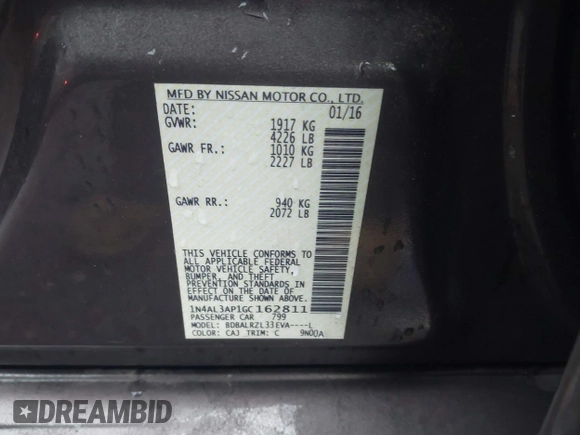 2016 Nissan Altima SV with VIN 1N4AL3AP1GC162811, listed as a IAAI auction lot 41422378 with 58,172 mi miles and . Bid and sale history available at DreamBid. Image 9.
