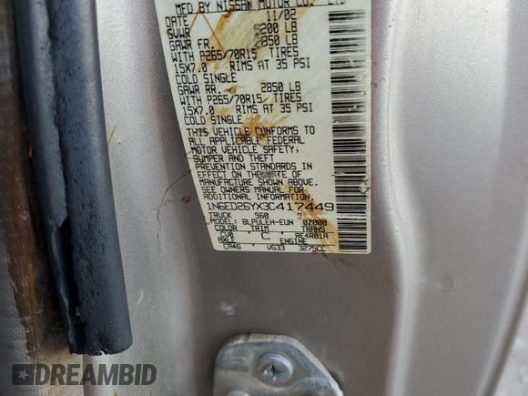 2003 Nissan Frontier XE z VIN 1N6ED26YX3C417449, wystawiony jako Copart lot #82983684 z przebiegiem Nie podano mil oraz Szkoda całkowita • Salvage title. Historia ofert i sprzedaży dostępna na DreamBid. Obrazek 13.
