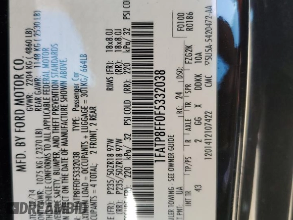 2015 Ford Mustang GT Premium with VIN 1FATP8FF0F5332038, listed as a Copart auction lot 48799725 with 105,866 mi miles and Salvage Title. Bid and sale history available at DreamBid. Image 12.