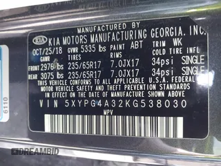 2019 Kia Sorento LX with VIN 5XYPG4A32KG538030, listed as a IAAI auction lot 41628882 with 120,392 mi miles. Bid and sale history available at carsss.com. Image 9.