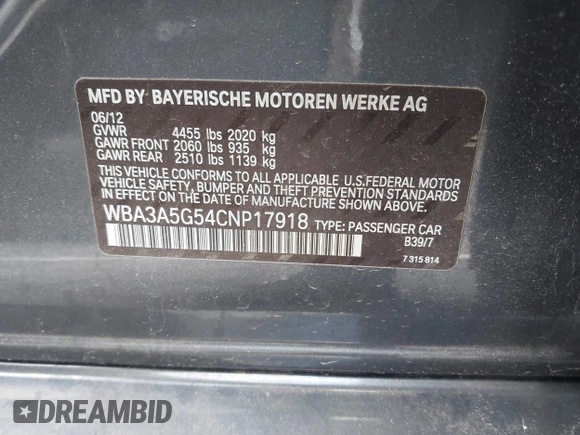 2012 BMW 3 Series 328i with VIN WBA3A5G54CNP17918, listed as a IAAI auction lot 41736136 with 96,913 mi miles and . Bid and sale history available at carsss.com. Image 9.