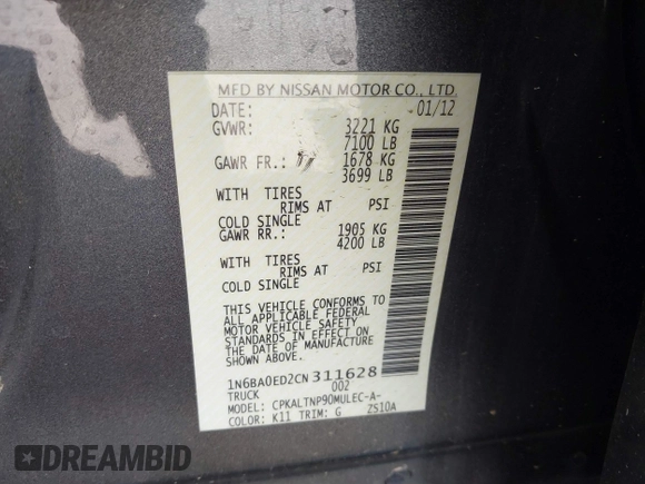 2012 Nissan Titan SV with VIN 1N6BA0ED2CN311628, listed as a IAAI auction lot 41729870 with 241,557 mi miles and . Bid and sale history available at DreamBid. Image 9.