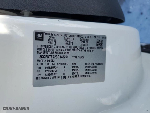 2012 Chevrolet Silverado 1500 LTZ with VIN 3GCPKTE72CG145251, listed as a Copart auction lot 45726985 with 0 mi miles and Salvage Title. Bid and sale history available at carsss.com. Image 13.