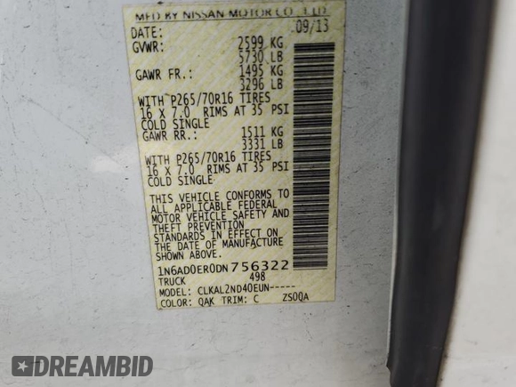2013 Nissan Frontier SV with VIN 1N6AD0ER0DN756322, listed as a Copart auction lot 60475375 with 111,110 mi miles and Salvage title. Bid and sale history available at DreamBid. Image 12.