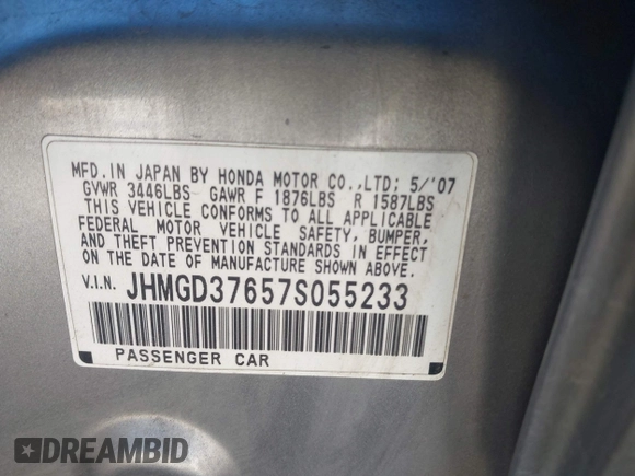 2007 Honda Fit Sport with VIN JHMGD37657S055233, listed as a IAAI auction lot 42194843 with 190,715 mi miles and . Bid and sale history available at DreamBid. Image 9.