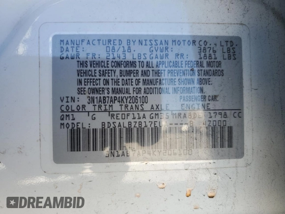 2019 Nissan Sentra SV with VIN 3N1AB7AP4KY206100, listed as a Copart auction lot 48016145 with 153,436 mi miles and Salvage Title. Bid and sale history available at carsss.com. Image 12.